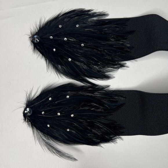 Vintage 90s Size Medium Large Black Feather Rhinestone Belt Wide Stretch Cinch main image 4